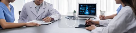 Photo for Group of doctor or researcher studying genetic disease in DNA with laptop, analyze genetic data, formulate medical treatment strategies, and develop healthcare plan with innovative solution. Neoteric - Royalty Free Image