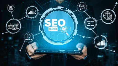 Photo for SEO - Search Engine Optimization for Online Marketing Concept. Modern interface showing symbol of keyword research website promotion by optimize customer searching and analyze market strategy. uds - Royalty Free Image