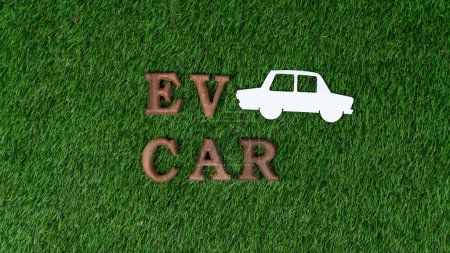 Photo for Arranged eco-friendly car and electric vehicle message with EV car icon as backdrop for encouraging campaign on environmental friendly transportation with net-zero emission by biophilia design. Gyre - Royalty Free Image