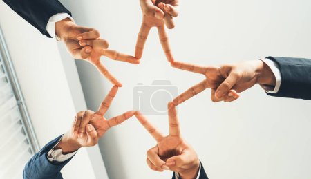 Photo for Business people collaborate business synergy and cooperation, join hand as star frame around empty blank hole copyspace for unity and teamwork for product advertise background.Panorama Shrewd - Royalty Free Image