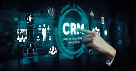 Téléchargez les photos : CRM Customer Relationship Management for business sales marketing system concept présenté dans l'interface graphique futuriste de l'application de service pour soutenir l'analyse de base de données CRM. uds - en image libre de droit