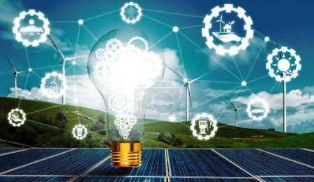 Photo for Green energy innovation light bulb with future industry of power generation icon graphic interface. Concept of sustainability development by alternative energy. uds - Royalty Free Image