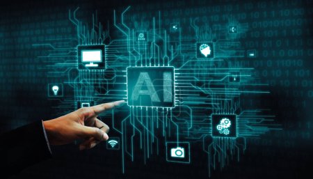 Photo for AI Learning and Artificial Intelligence Concept - Icon Graphic Interface showing computer, machine thinking and AI Artificial Intelligence of Digital Robotic Devices. - Royalty Free Image