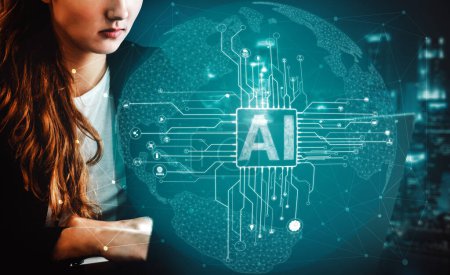 Photo for AI Learning and Artificial Intelligence Concept - Icon Graphic Interface showing computer, machine thinking and AI Artificial Intelligence of Digital Robotic Devices. uds - Royalty Free Image