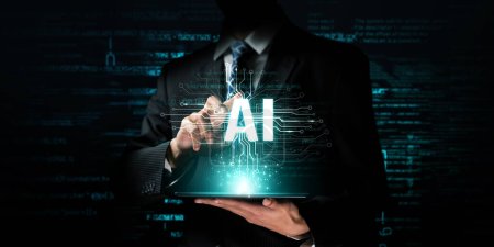 Téléchargez les photos : L'humain interagit avec le processeur cérébral IA intelligence artificielle dans le concept d'intelligence artificielle IA ingénierie, Big Data et IA machine learning pour utiliser l'IA générative pour le soutien aux entreprises. PNL. - en image libre de droit