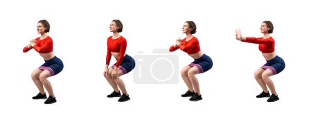 Photo for Healthy and active young woman in sportswear with different professional fitness posture set of weight lifting squat training. Leg exercise on isolated background in gaiety full body length shot. - Royalty Free Image