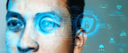 Téléchargez les photos : Protection future des données de cybersécurité par balayage biométrique avec œil humain pour déverrouiller et donner accès à des données numériques privées. Concept d'innovation technologique futuriste. uds - en image libre de droit
