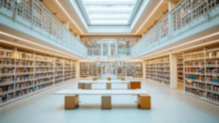 Une image légèrement floue d'un intérieur de bibliothèque, avec des rangées d'étagères, des tables de lecture et une atmosphère d'étude paisible. Une bibliothèque aux contours flous. Resplendissant.