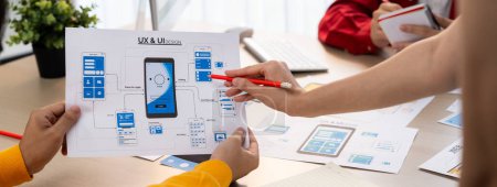 Photo for Panorama banner of startup company employee planning on user interface prototype for mobile application or website in office. UX UI designer brainstorm user friendly interface plan. Synergic - Royalty Free Image