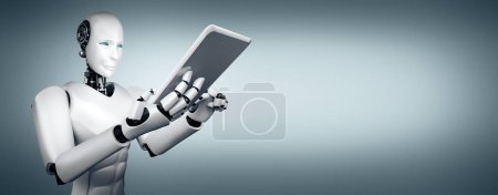 Téléchargez les photos : Illustration 3D XAI Robot humanoïde utilisant un ordinateur tablette dans le futur bureau tout en utilisant la pensée IA cerveau, l'intelligence artificielle et le processus d'apprentissage automatique. 4ème quatrième révolution industrielle 3D - en image libre de droit