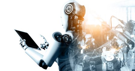 Téléchargez les photos : XAI Robot industriel mécanisé et bras robotisés image double exposition. Concept d'intelligence artificielle pour la révolution industrielle et le processus de fabrication de l'automatisation dans la future usine. - en image libre de droit
