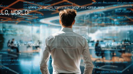 Photo for Young Male Programmer Engaged in AI Engineering: Analyzing Software Through LISP Open Bot Hologram for Artificial Intelligence-Driven Marketing Solutions. - Royalty Free Image