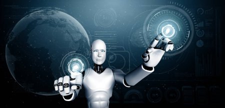 Foto de Ilustración XAI 3D El robot humanoide AI que toca la pantalla del holograma muestra el concepto de la red global de la comunicación usando el pensamiento de la inteligencia artificial por el proceso de aprendizaje automático. Ilustración 3D - Imagen libre de derechos