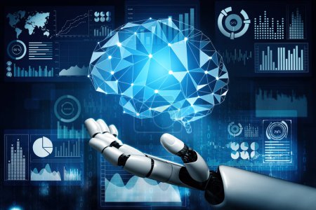 XAI 3D Representación de desarrollo de tecnología robótica futurista, inteligencia artificial IA y concepto de aprendizaje automático. Investigación científica biónica robótica global para el futuro de la vida humana.