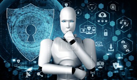 Téléchargez les photos : Illustration XAI 3D robot IA utilisant la cybersécurité pour protéger la confidentialité des informations. Concept futuriste de prévention de la cybercriminalité par l'intelligence artificielle et le processus d'apprentissage automatique. rendu 3D - en image libre de droit
