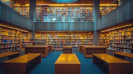 Photo for A softly blurred image of a library interior, featuring rows of bookshelves, reading tables, and a peaceful study atmosphere. A library with blurred outline. Resplendent. - Royalty Free Image