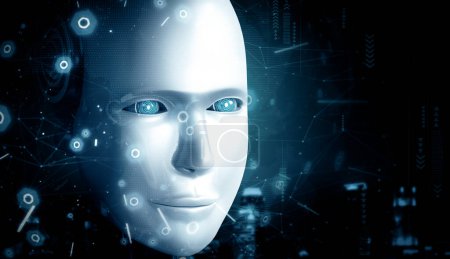 Téléchargez les photos : Illustration 3D XAI Le robot humanoïde fait face en gros plan au concept graphique de cerveau de pensée IA, d'intelligence artificielle et de processus d'apprentissage automatique pour la 4ème quatrième révolution industrielle. rendu 3D - en image libre de droit