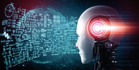 Téléchargez les photos : Illustration 3D XAI Robot IA humanoïde regardant l'écran d'hologramme dans le concept de calcul mathématique et d'analyse des équations scientifiques en utilisant l'intelligence artificielle par processus d'apprentissage automatique. 3D - en image libre de droit