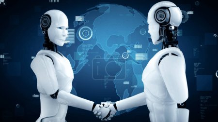 Téléchargez les photos : Illustration 3D XAI Le futur contrôle de la technologie financière par le robot huminoid AI utilise l'apprentissage automatique et l'intelligence artificielle pour analyser les données commerciales et donner des conseils sur l'investissement et le trading - en image libre de droit