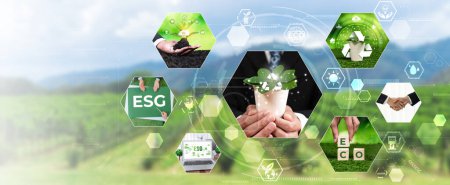 Photo for Green business ESG management tool to save world future concept model case idea to deal with bio carbon waste cycle data for better day of city life while building jobs, money, LCA tax and profit . - Royalty Free Image