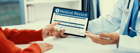 Photo for Laptop display medical report or diagnostic result of patient health on blurred background of doctors appointment in hospital. Medical consultation and healthcare treatment. Panorama Rigid - Royalty Free Image