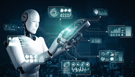 Foto de Ilustración XAI 3D Robot humanoide usando tablet computer para big data analytic usando el cerebro de pensamiento AI, la inteligencia artificial y el proceso de aprendizaje automático para la cuarta cuarta revolución industrial - Imagen libre de derechos
