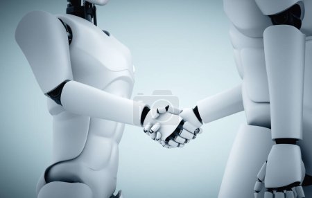 Téléchargez les photos : XAI 3d illustration poignée de main robot humanoïde pour collaborer développement technologique futur par intelligence artificielle pensée cerveau, intelligence artificielle et processus d'apprentissage automatique pour la 4ème révolution industrielle. - en image libre de droit