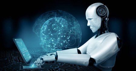 Téléchargez les photos : Illustration 3D XAI Robot hominoïde utiliser un ordinateur portable et s'asseoir à table pour la connexion au réseau mondial en utilisant la pensée IA cerveau, l'intelligence artificielle et le processus d'apprentissage automatique pour la 4e industrielle - en image libre de droit