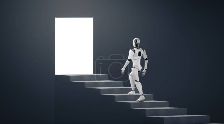 Photo for XAI 3d illustration robot humanoid walk up stair to success and goals achievement. Concept of AI thinking brain and machine learning process for the 4th fourth industrial revolution. - Royalty Free Image
