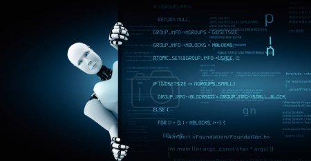 Foto de Ilustración XAI 3D Robot futurista inteligencia artificial huminoide IA programación codificación tecnología desarrollo y aprendizaje automático concepto. Investigación científica biónica robótica para el futuro del ser humano - Imagen libre de derechos