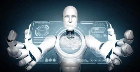 Téléchargez les photos : Illustration 3D XAI Robot humanoïde AI tenant un écran holographique virtuel montrant le concept de cerveau IA et la pensée de l'intelligence artificielle par processus d'apprentissage automatique. Illustration 3D. - en image libre de droit