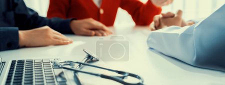 Photo for Couple attend fertility or medical consultation with gynecologist at hospital as family planning care for pregnancy. Husband and wife consoling each other through doctor appointment. Panorama Rigid - Royalty Free Image