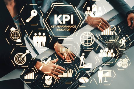 Photo for KPI Key Performance Indicator for Business Concept - Modern graphic interface showing symbols of job target evaluation and analytical numbers for marketing KPI management. - Royalty Free Image