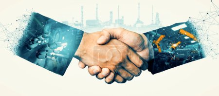 Photo for XAI Mechanized industry robot arm and business handshake double exposure. Concept of successful agreement of artificial intelligence for industrial revolution and automation process in future factory. - Royalty Free Image