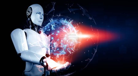 Téléchargez les photos : Illustration 3D XAI Le robot humanoïde AI tenant un écran holographique montre le concept de réseau de communication mondial en utilisant la pensée de l'intelligence artificielle par processus d'apprentissage automatique. Ordinateur d'illustration 3D - en image libre de droit