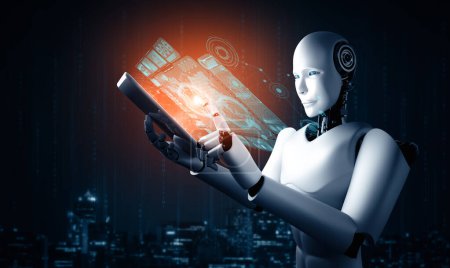 Téléchargez les photos : Illustration 3D XAI Robot humanoïde utilisant un ordinateur tablette pour l'analyse de mégadonnées utilisant la pensée IA cerveau, intelligence artificielle et processus d'apprentissage automatique pour la 4ème quatrième révolution industrielle - en image libre de droit