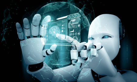 Foto de Ilustración XAI 3D Robot humanoide sostiene la pantalla del holograma HUD en concepto de cerebro pensante AI, inteligencia artificial y proceso de aprendizaje automático para la cuarta cuarta revolución industrial. 3D - Imagen libre de derechos