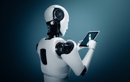 Téléchargez les photos : Illustration 3D XAI Robot humanoïde utilisant un ordinateur tablette dans le futur bureau tout en utilisant la pensée IA cerveau, l'intelligence artificielle et le processus d'apprentissage automatique. 4ème quatrième révolution industrielle 3D - en image libre de droit