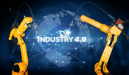 Photo for XAI Smart industry robot arms for digital factory production technology showing automation manufacturing process of the Industry 4.0 or 4th industrial revolution and IOT software to control operation. - Royalty Free Image