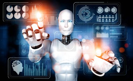 Foto de Ilustración XAI 3D Robot humanoide AI tocando la pantalla del holograma virtual mostrando el concepto de big data analytic usando el pensamiento de inteligencia artificial mediante el proceso de aprendizaje automático. Ilustración 3D. - Imagen libre de derechos