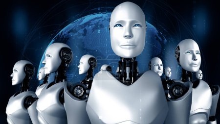 Téléchargez les photos : XAI Illustration 3D du groupe robot hominoïde dans le concept de future intelligence artificielle et 4ème 4ème révolution industrielle. - en image libre de droit