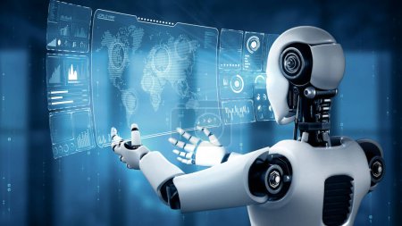 Téléchargez les photos : Illustration 3D XAI Robot hominoïde AI tenant un écran holographique virtuel montrant le concept d'analyse de mégadonnées utilisant la pensée de l'intelligence artificielle par processus d'apprentissage automatique. rendu 3D. - en image libre de droit