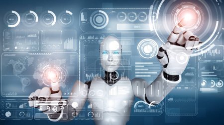 Téléchargez les photos : Illustration 3D XAI Robot hominoïde IA touchant écran holographique virtuel montrant le concept d'analyse de mégadonnées en utilisant la pensée de l'intelligence artificielle par processus d'apprentissage automatique. rendu 3D. - en image libre de droit