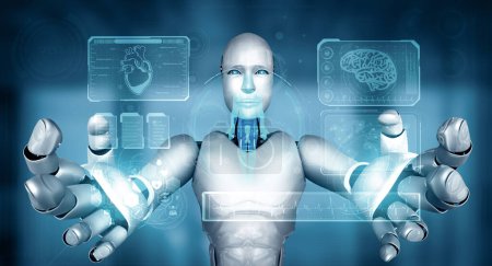Téléchargez les photos : Illustration 3D XAI Technologie médicale future contrôlée par un robot IA utilisant l'apprentissage automatique et l'intelligence artificielle pour analyser la santé des personnes et donner des conseils sur la décision de traitement des soins de santé. 3D - en image libre de droit