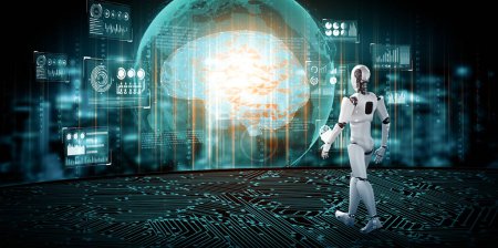 Téléchargez les photos : Robot d'illustration XAI 3D humanoïde analysant les mégadonnées en utilisant la pensée IA cerveau et processus d'apprentissage automatique dans le concept de la 4ème quatrième révolution industrielle. - en image libre de droit