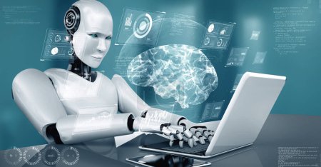 Foto de Ilustración XAI 3D El hominoide robot usa la computadora portátil y se sienta a la mesa en concepto de cerebro pensante de IA, inteligencia artificial y proceso de aprendizaje automático para la cuarta revolución industrial. 3D - Imagen libre de derechos