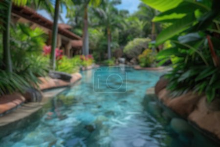 Photo for Blur background of luxurious resort spa relaxation area amidst dense tropical greenery. Resplendent. - Royalty Free Image