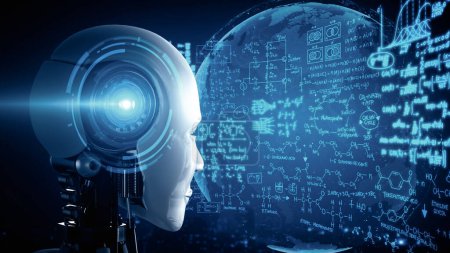 Téléchargez les photos : Illustration XAI 3D robot hominoïde AI regardant l'écran holographique dans le concept de calcul mathématique et analytique des équations scientifiques en utilisant l'intelligence artificielle par processus d'apprentissage automatique. rendu 3D - en image libre de droit