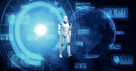 Foto de XAI 3d ilustración humanoide robot en el mundo de fantasía ciencia ficción. Concepto de pensamiento de IA Proceso de aprendizaje de cerebro y máquina para la cuarta revolución industrial. - Imagen libre de derechos