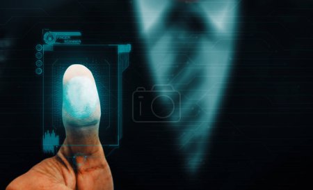 Téléchargez les photos : Technologie de numérisation biométrique des empreintes digitales. interface montrant doigt d'homme avec identification par balayage d'empreinte. Concept de sécurité numérique et d'accès privé aux données par scanner d'empreintes digitales. uds - en image libre de droit